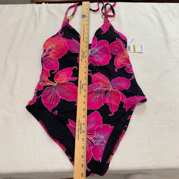 Trina Turk fleury pink black hibiscus flower one piece swimsuit size 14 new - Picture 7 of 14